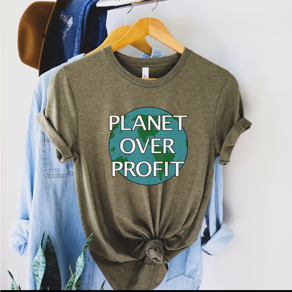 “Planet Over Profit” Bella + Canvas Short-Sleeve Tee, Unisex L, Heather Olive